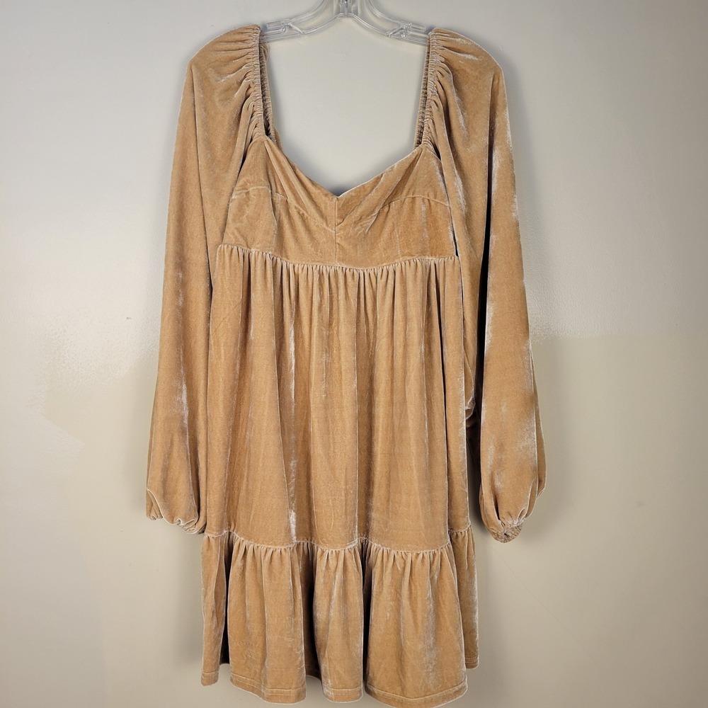 Aura Women Tan Velvet Babydoll Dress Long Balloon‎ Sleeve Smocked Back Medium